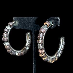 GIVENCHY Brown Wooden Rhinestone Beaded Hoop Pierced Earrings